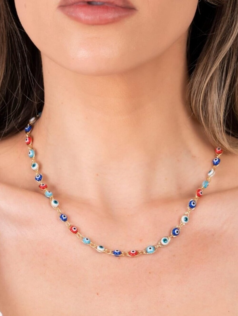 Multicolor Evil Eye Bead Necklace - Gold Chain